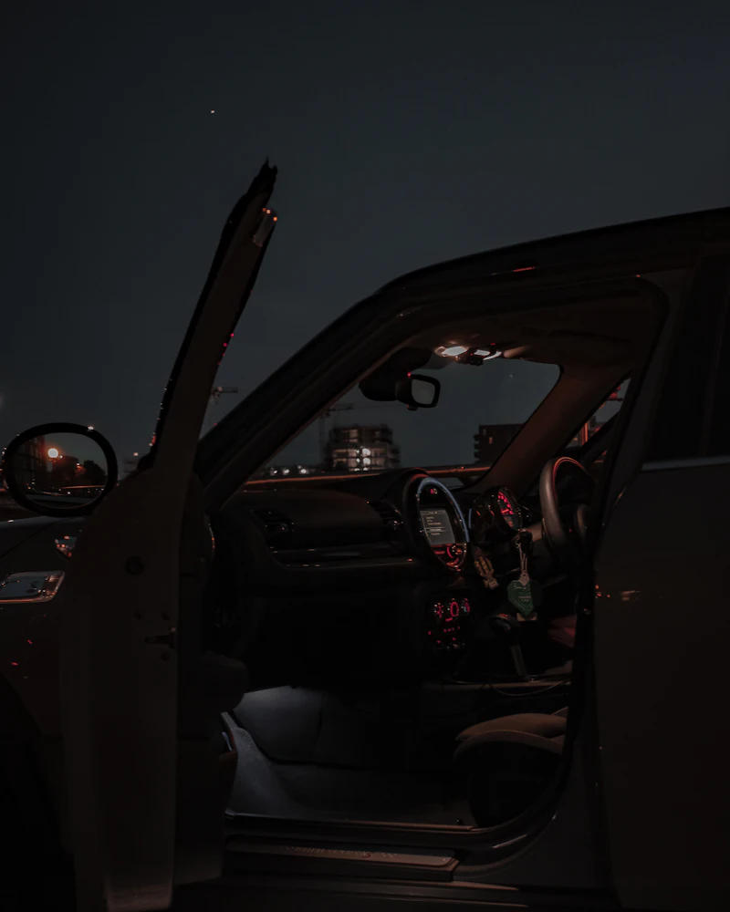 A car door held open at night